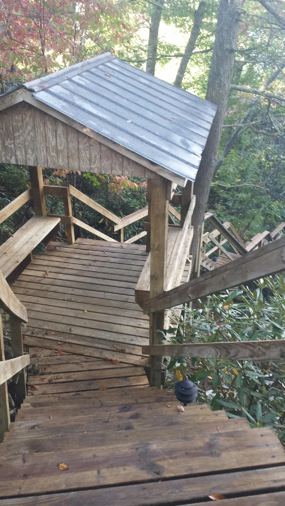 Metal roofed shelter over wooden steps on a wooded walkway — Skylight Repair & Installation work by our crew in Osprey
